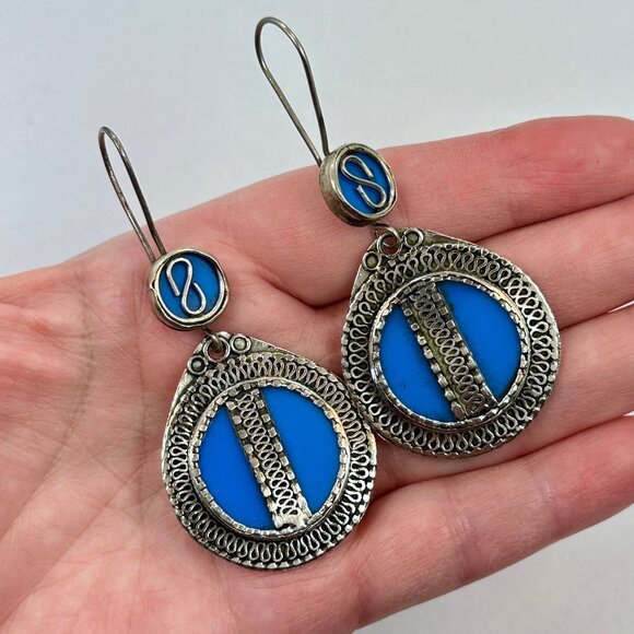 Blue Earrings, Boho, Afghan, Enameled, Big, 2 3/4" Long, Vintage, Silver - Picture 1 of 3